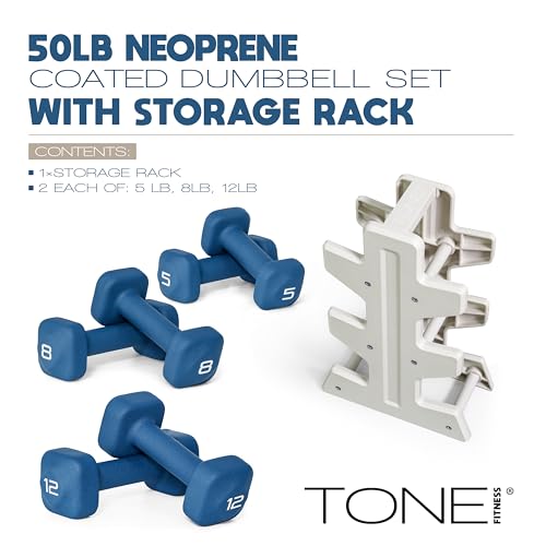 Image of Tone Fitness Neoprene Dumbbell Set with Storage Rack - Non-Slip, Anti-Roll Hand Weights for Home Gym Workouts | 20 lb, 32 lb, 50 lb, 60 lb & 100 lb Options