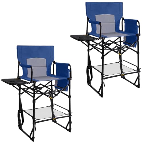 Image of Romswi 2 Pack 30 inch Extra Tall Folding Camping Chairs, Heavy Duty Director Chairs with Side Table, Cup Holder & Storage Pocket, 400 LBS Support, Portable Outdoor Chairs for Camping, Sports, Events, Blue