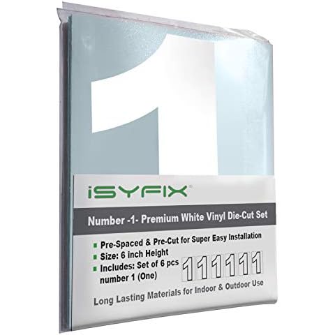 iSYFIX White Vinyl Number 1 (One) Stickers - 6 Pack 6 inch Self Adhesive - Decal Die Cut & Pre-Spaced for Mailbox, Signs, Window, Door, Cars, Trucks, Home, Business, Address Number, Indoor & Outdoor Cover