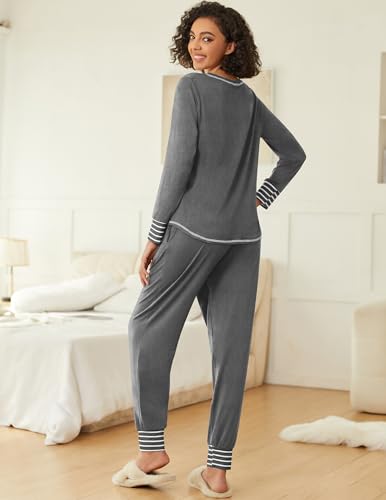 Image of Ekouaer 2 Pack Womens Pajama Sets Long Sleeve Lounge Sets Soft Pj Sleepwear Loungewear