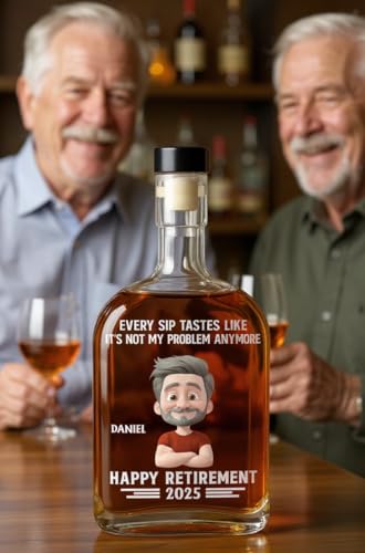 Wrappiness Happy Retirement Spirits Decanter Custom Characteristics and Name, Funny Goodbye Gift for Co-worker Whiskey Glass Bottle, 25oz Decanter for Liquor Vodka Tequila Bourbon Gift for Men
