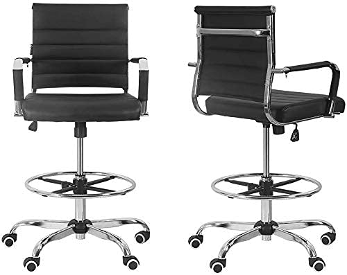Drafting Chair Tall Office Chair - Ergonomic Leather Modern Desk Stool 400 LBS with Adjustable Footrest,Standing Desk Chair with Ribbed Mid Back, Swivel Rolling Desk Stool. (Black)