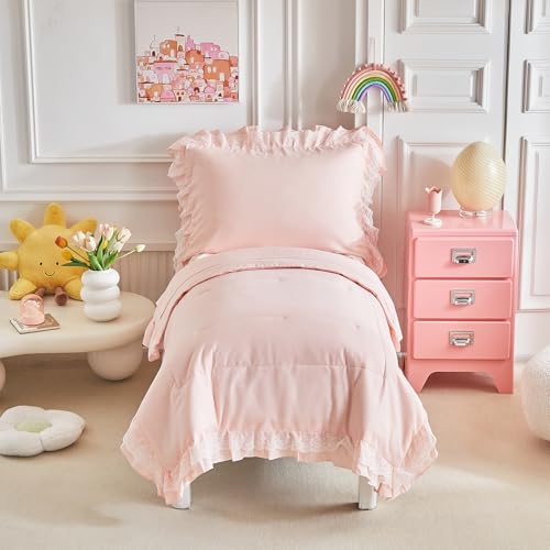 Ruffled Lace Toddler Bedding Set, 4 Pieces, Light Pink