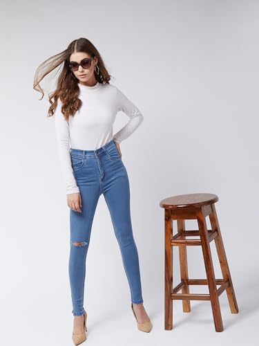 Image of Miss Chase Women's Skinny High Rise Cropped Fringed Hemline Detailing Stretchable Denim Jeans