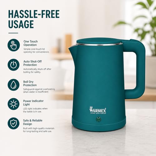 Image of Warmex 1.8 Ltr Premium Double Wall Electric Kettle For Hot Water | Touch Sensitive Panel | Cool Touch Feature | 1500 Watts | Auto Shut-off | 1 Year Warranty