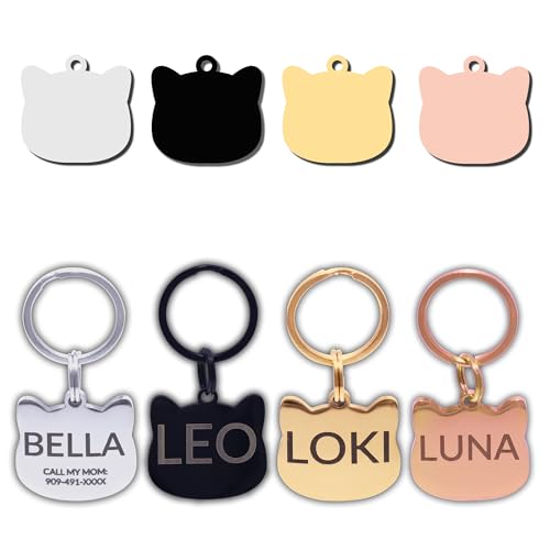 Aguachimp Stainless Steel Dog & Cat Tags - Personalized Pet ID Tags, Engraved on Both Sides - Bone, Heart & Round-Shaped (CAT Head, Small)