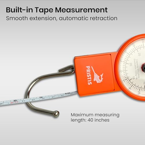 Image of Pristis Fishing Hanging Scale with Tape Measure for Farm Kitchen Luggage | 80 LBs Fish Weight Analog Spring Hook Crane Scale Kit with Non-slip Large Handle, Portable Gear Equipment Weighting Accessory