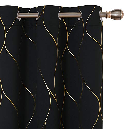 Deconovo Thermal Insulated Blackout Curtains - Gold Wave Foil Printed Grommet Curtain, Room Darkening Drapes for Halloween, 42W x 45L Inch, 2 Panels, Black