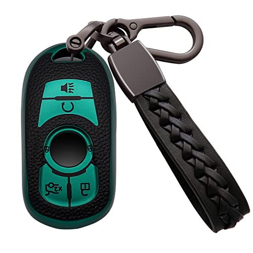 Image of for Buick Key Fob Cover Soft TPU with Leather Keychain Key Case Shell Full Protective Cover Compatible with Buick 2015-2023 GL8 Verano Enclave Regal Lacross Encore Envision 6 Button, A Green