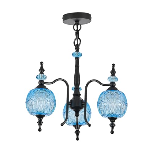TLOLGT Vintage Blue Pendant Light Fixtures, 3-Light Chandeliers for Kitchen