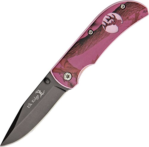 Elk Ridge - Outdoors Folding Knife - 2.5-in Black Stainless Steel Blade, Purple Camo Coated Aluminum Handle with Pink Liner and Elk Cut Out, Pocket Clip - Hunting, Camping, Survival - ER-120PC