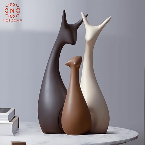 Image of NOSCOMP Home Decor Deer Family Statue Ceramic Figures Showpieces for Home Decor - (Set of 3, Black, White, and Ginger)