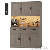 HOSTACK 72' Tall Kitchen Pantry Cabinet with Charing Station | LED Lights, 47' W Kitchen Pantry Storage Cabinet with Countertop, Modern Kitchens Hutch Cabinets with Storage for Dining Room, Ash Gray