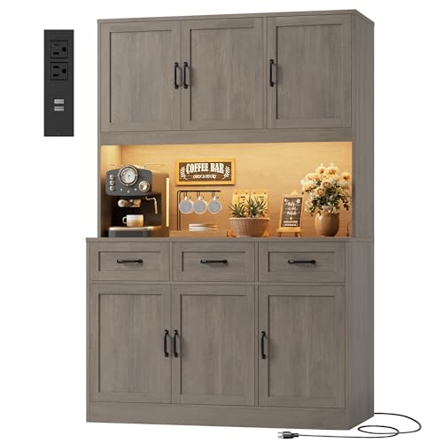 Image of HOSTACK Kitchen Pantry Storage Cabinet, Kitchen Hutch Cabinet, Ash Gray | 47 inchW Food Pantry Cabinet with Smart LED / Charging Station / Countertop / 3 Large Drawers, 72 inchH Storage Hutch for Dining Room