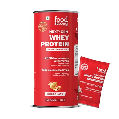 Image of Foodstrong Next-Gen Whey Protein Isolate + Concentrate, 100% Hormone Free Grass-Fed Whey, 26G Protein, Chocolate (Cacao), With Turmeric, Probiotics & Natural Digestive Enzymes For Easy Digestion, 15 Sachets, 525G