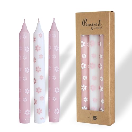 COMFORDER Taper Candles Set Printed, 3 x Table Candles with Motifs - Small Flowers, 20 cm, 7 Hours Burning Time (Pink + White)