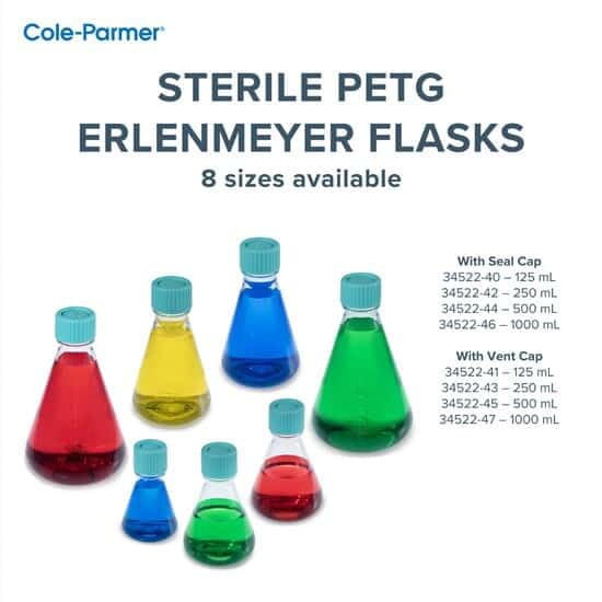 Cole-Parmer Sterile Erlenmeyer Flasks, PETG, Seal Cap, 250mL (8 oz); 12/Cs