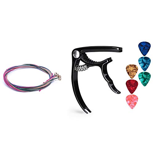 Daweglop 1 de cordes colorées arc-en- pour guitare acoustique et 1 capodastre pour guitare - Les Beatles, Paul McCartney, John Lennon, RIngo Starr, George Harrison Daweglop 1 de cordes colorées arc-en- pour guitare acoustique et 1 capodastre pour guitare