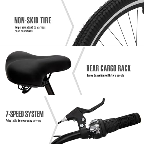 esheno 26 Inch Adult Beach Cruiser Bike, Beach Cruiser Bike for Men with 7 Speeds Drivetrain, Adult Hybird Bicycles for Men, Good Stability,Riding Cruiser Bicycle for Rider 5’-7’ (7 Speed/Black)