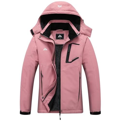MOERDENG Women's Ski Jacket Waterproof Winter Coat Hooded Snowboarding Jacket Warm Winter Jacket Pink Medium