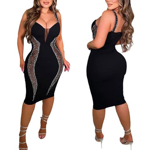 Image of PORRCEY Women's Sexy Elegant Rhinestone Bodycon Dress Hot Drilling Clubwear
