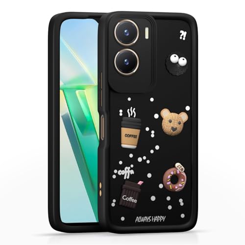 Image of Bintage Cute Fun Taddy Cartoon 3D Ball Bear Milk Donut Coffee Cup Silicon Case Full Body & Camera Protection Back Cover Compatible for Vivo V29e 5G - Black