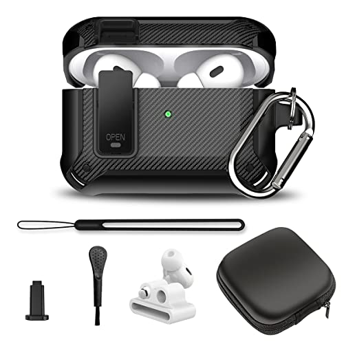 Case For Airpods Pro 2Nd Generation 2022 With Secure Lock Clip, Carbon Fiber Tpu+Pc Silicone Airpod Pro 2 Case For Men Women, Shockproof Protective Cover For Airpods Pro 2Nd Generation(2022), Black #TOP4
