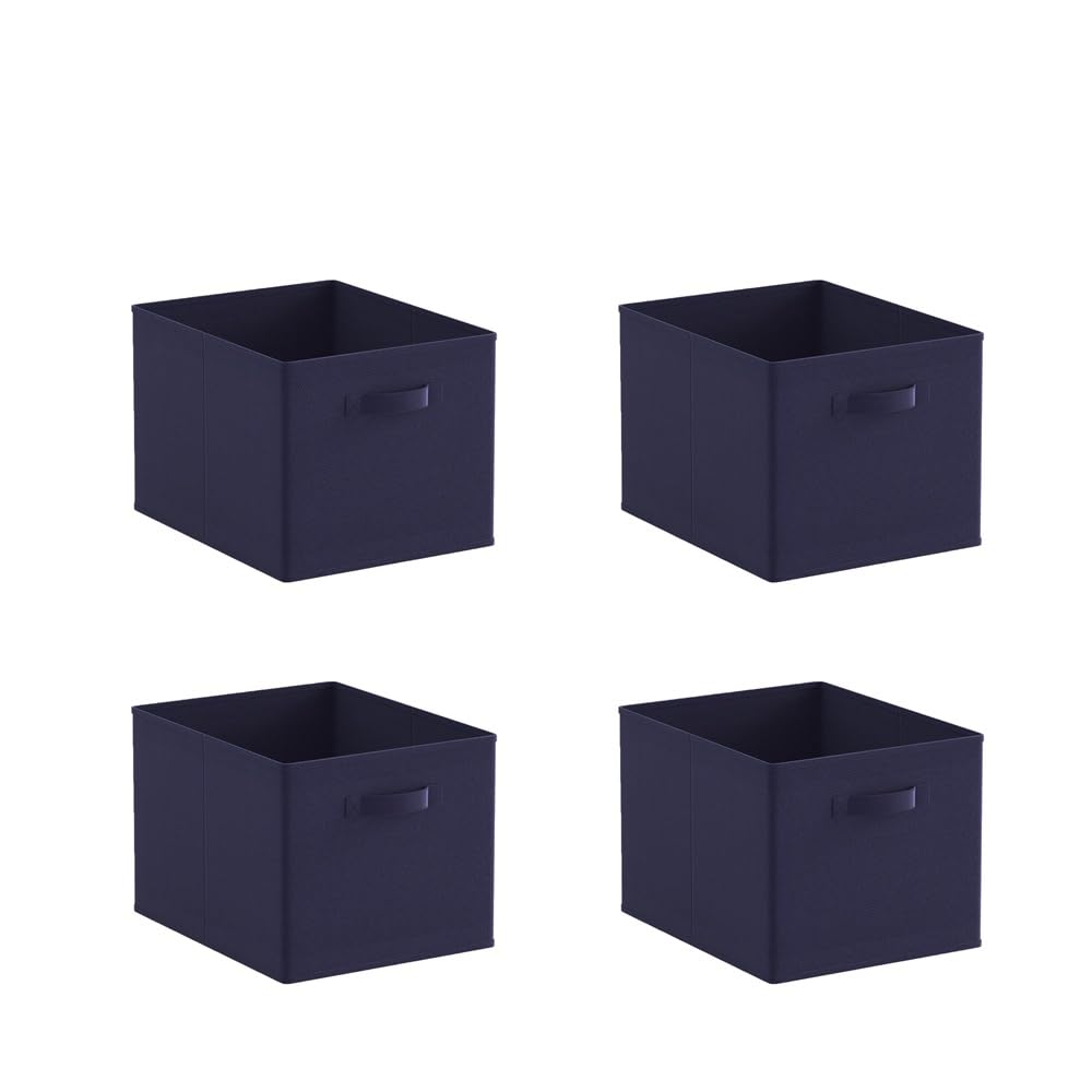 4 PCS Folding Collapsible Storage Cube Boxes with Handle for Kids Toy Clothes, Foldable Canvas Unit Cube Organiser Basket Bin for Nursery Children Bedroom Wardrobe (38*33cm Navy Blue, Pack of 4)