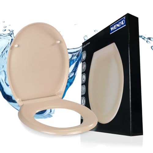 WENKO Toilettendeckel mit Absenkautomatik, oval, belastbar bis 150 kg, abnehmbarer WC Sitz, Klodeckel aus antibakteriellem, stabilem Duroplast, einfache Montage, Mod. Ottana, beige