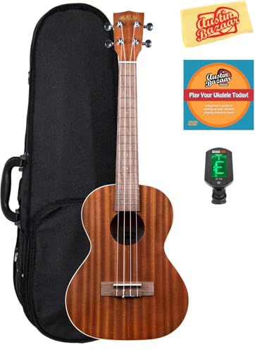 Kala KA-T Mahogany Tenor Ukulele Bundle with Hard Case, Clip-On Tuner, Austin Bazaar Instructional DVD, and Polishing Cloth
