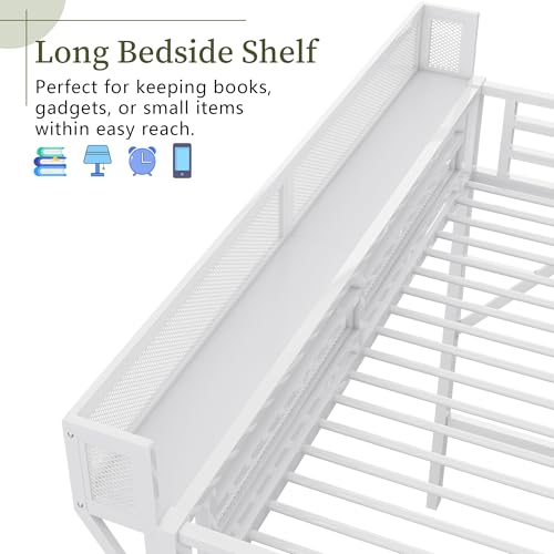 Twin XL Size Loft Bed with Stairs and Storage, Metal Loft Bed Frame with A Shelf and Large Under-Bed Space, Heavy-Duty Loft Beds for Kids Boys Girls Teens Bedroom Dorm, Convertible Staircase, White