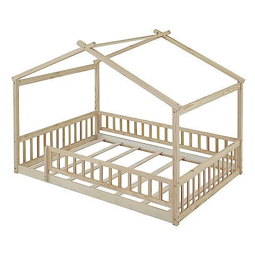 Deinppa Full Kids House Bed With Fence Guardrails And Slat, Kids Floor Bed With Roof Design, Wood Bed Frame For Kids Toddler Boys Girls-Natural #TOP3