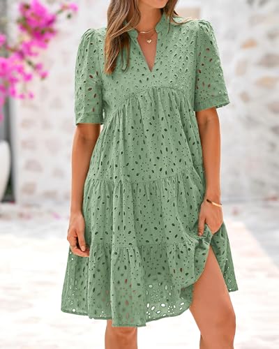 Image of BTFBM Womens Boho Summer Dresses 2026 Spring V Neck Short Sleeve Hollow Out Lace Ruffle Casual Beach Mini Vacation Dress