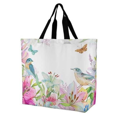 Niapessel 再利用可能食料品バッグ、再利用可能なショッピングバッグ ハンドル付き折り畳み可能 食料品トートバッグ 食料雑貨用 鳥とピンクのユリプリント, 鳥とピンクのユリ。, 40x40x16cmのサムネイル