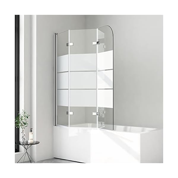 Boromal Duschwand für badewanne 120x140cm 3-teilig Faltwand für Badewanne Milchglas Streifen 6mm ESG Glas Duschwand Badewannenaufsatz Duschtrennwand Duschabtrennung – Bild 3