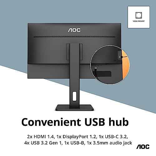 Image of AOC Q32P2CA 32 inch IPS Monitor, QHD 2560x1440, USB-C (Power Delivery 65 Watts) Docking, Height Adjustable Stand, Black