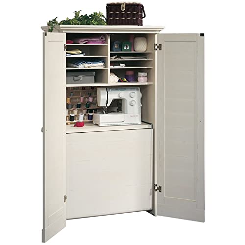 Sauder Harbor View Craft And Sewing Armoire With Table, Antiqued White Finish #TOP6