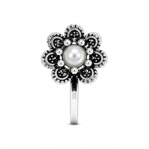 Plus Jewellery Stunning Oxidised Silver Finishing White Pearl Stud Flower Shape Nose Pin | Ring | Without Piercing | Adjustable | Nose Ring | Nathiya | Nathani | For Women & Girls-image-21
