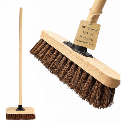 10” Garden Broom Outdoor with Wooden Handle Natural Stiff Bassine Hard Bristle Push Broom with Durable Support Bracket Yard Brush Heavy Duty Outdoor Stiff Sweeping Yard Brush (1)