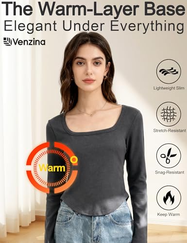 Image of Venzina Women's Thermal Top Double-Sided Fleece Long Sleeve T-Shirt Warm Soft Stretchable Slim Fit Base Layer for Fall & Winter I Casual, Office