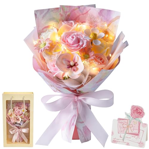 ソープフラワー 花束 シャボンフラワー 造花 ギフトセット LED ライト 付き バレンタインデー 誕生日 母の日 父の日 記念日 先生の日 バレンタインデー 昇進 インテリア 転居など最適としてのプレゼント （ピンク）の商品画像（Amazon）