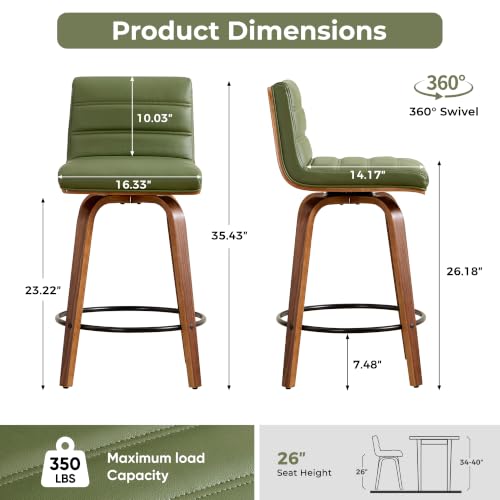 Image of Swivel Bar Stools Set of 1,26 inch Faux Leather Counter Height Barstools with Back,Mid Century Modern Upholstered Bar Chairs with Bentwood Legs Island Stools for Kitchen Counter Green