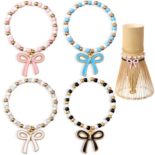 Cunno 4 Pcs Matcha Chasen Charm Decorative Chain Set with Bow Charm Elastic Rope for Bamboo Matcha Whisk Tea Accessories Tea Party Decor Birthday
