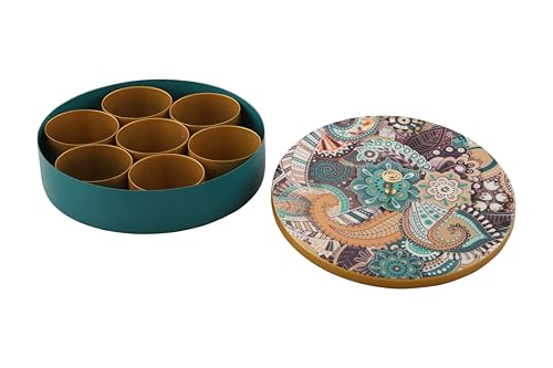 Image of R Ayurveda Copper Metal Magnetic Steel Handcrafted Spice Box Set For Kitchen With Spoon (7 Containers, 40 Ml each) - Masala Box size 8 Inches diameter For Kitchen and Candy organization