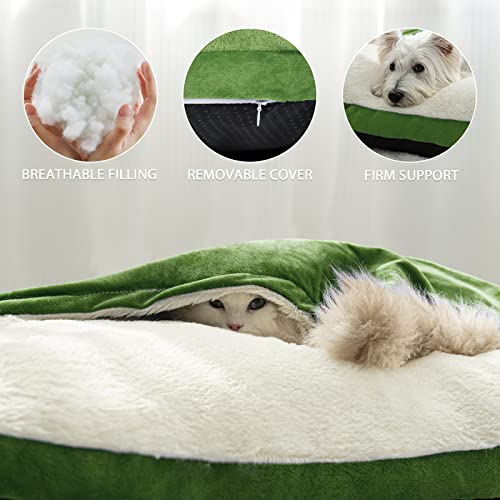Patas Lague Round Calming Dog Bed With Hooded Blanket For Large Dogs 36X4 Inch, Pet Cat Cuddler Cave Bed With Removable Washable Cover, Anti-Slip Bottom, Forest Green #TOP2