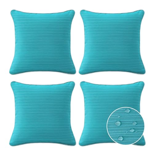 Decorative Outdoor Water Repellent Throw Pillows with Inserts, Set of 4, 18" x18" Pillows for Patio, Backyard, Bed, Couch, and Patio Furniture, Turquoise