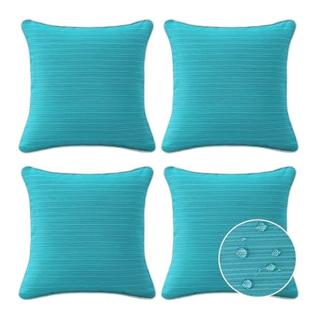 Decorative Outdoor Water Repellent Throw Pillows with Inserts, Set of 4, 16 x16 Pillows for Patio, Backyard, Bed, Couch, and Patio Furniture, Turquoise