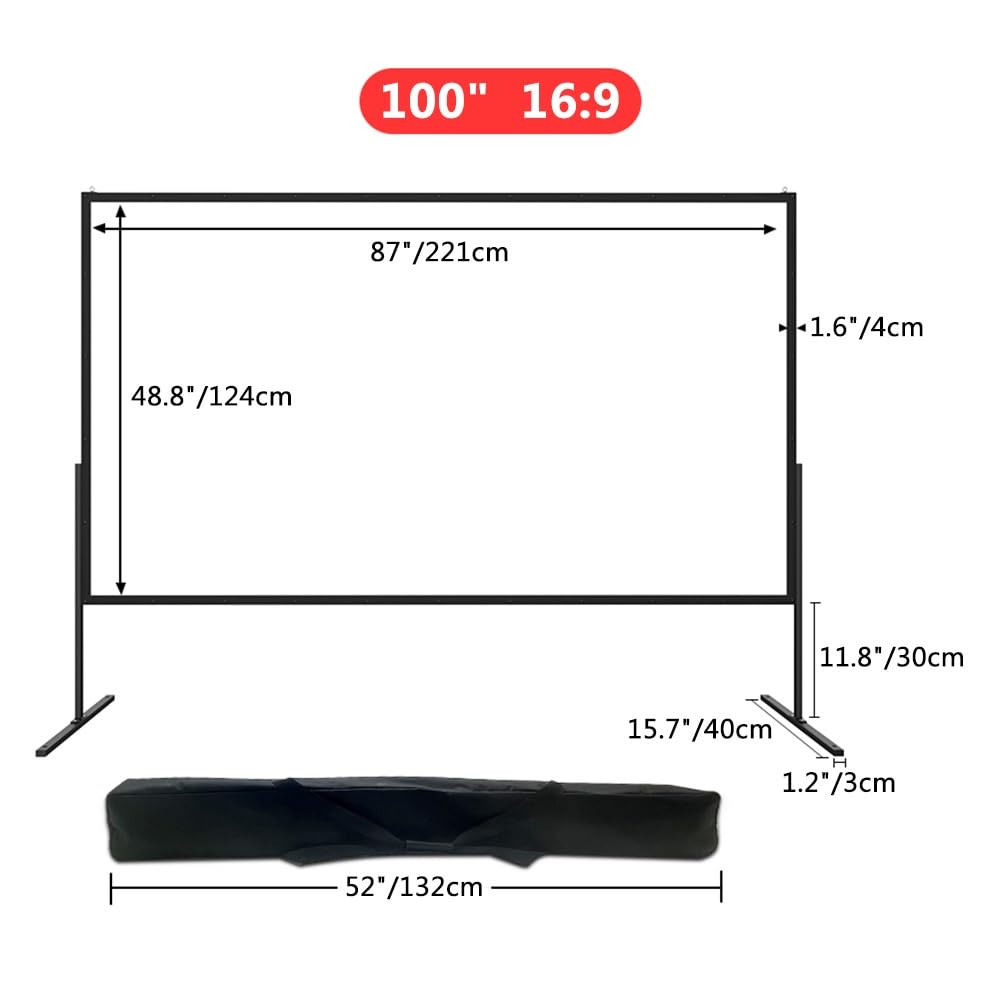 72 84 100 pollici Schermo per Proiettore All'aperto con Supporto, Montato a Parete, Telo Cinematografico 4K Ultra HD per Campeggio, Teatro(100 Inch)