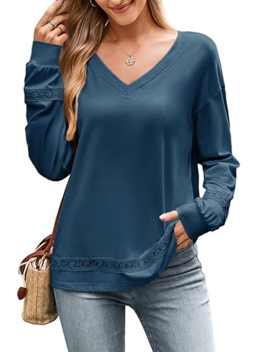 Dokotoo Womens Tops Dressy Casual 2025 Long Sleeve Pullover V Neck Fall Shirts Hollow Out Lace Embroidered Blouse