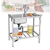 Comercial Fregadero Exterior Jardin, Utilitario Fregadero Portatil Camping, Fregadero de cocina, Acero inoxidable 304, con Banco de Trabajo, Escurridor, Grifo de Agua, para Restaurante, Lavandería ( C